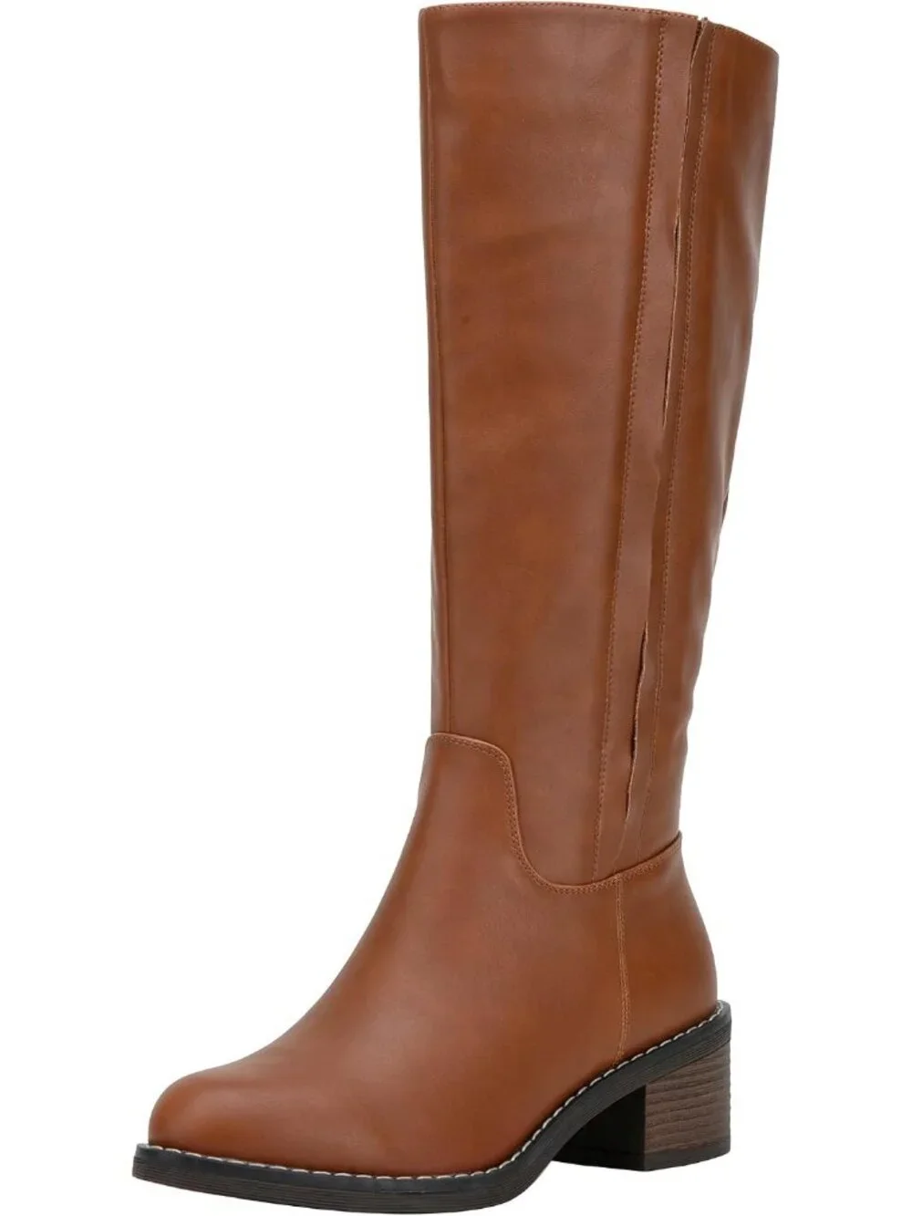 Women's Brown Low Block Heel Square Toe Side Zipper Imported Knee High Boots